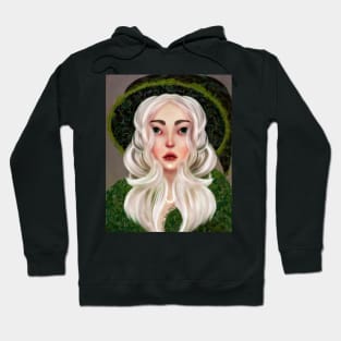 Forest Witch Illustration Fern Witch Hat White Hair Green Eyes Stars and Crescent Moon Hoodie